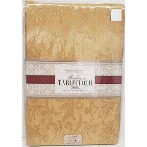Fabric Linen Tablecloth 70" ROUND, DAMASK FLOWERS, GOLD/YELLOW, MADISON, AL